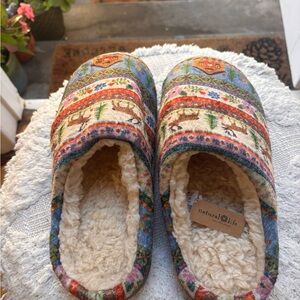 NATURAL LIFE Multicolor Deer & Floral Plush-Lined Slippers-Size Large-NWT